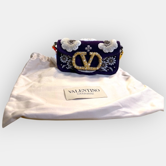 NEW Valentino Garavani Loco Small Peonies Beaded Velvet Shoulder Bag PURPLE - Picture 7 of 7